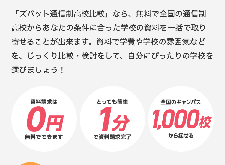 「ズバット通信制高校比較」 なら、 無料で全国の通信制
高校からあなたの条件に合った学校の資料を一括で取り
寄せることが出来ます。 資料で学費や学校の雰囲気など
を、じっくり比較・検討をして、 自分にぴったりの学校を
選びましょう!
資料請求は
とっても簡単
全国のキャンパス
0円
1分 1,000枚
無料でできます
で資料請求完了
から探せる