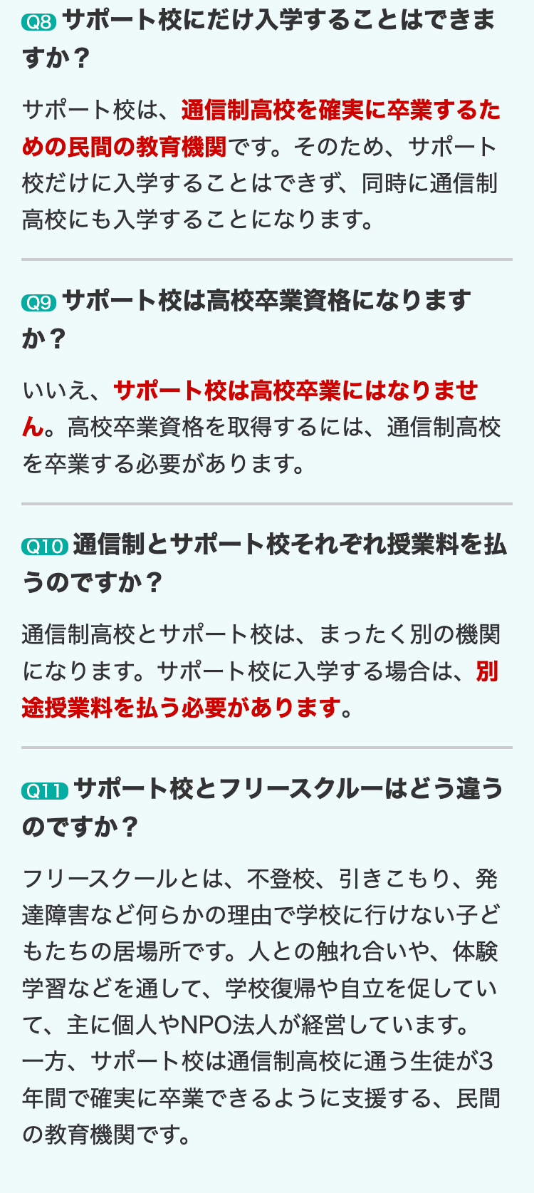 Q8 サポート校にだけ入学することはできま
すか?
サポート校は、 通信制高校を確実に卒業するた
めの民間の教育機関です。 そのため、サポート
校だけに入学することはできず、 同時に通信制
高校にも入学することになります。
9 サポート校は高校卒業資格になります
か?
いいえ、サポート校は高校卒業にはなりませ
ん。高校卒業資格を取得するには、通信制高校
を卒業する必要があります。
Q10 通信制とサポート校それぞれ授業料を払
うのですか?
通信制高校とサポート校は、まったく別の機関
になります。 サポート校に入学する場合は、 別
途授業料を払う必要があります。
Q11 サポート校とフリースクルーはどう違う
のですか?
フリースクールとは、不登校、引きこもり、発
達障害など何らかの理由で学校に行けない子ど
もたちの居場所です。 人との触れ合いや、 体験
学習などを通して、学校復帰や自立を促してい
て、主に個人やNPO法人が経営しています。
一方、サポート校は通信制高校に通う生徒が3
年間で確実に卒業できるように支援する、 民間
の教育機関です。
